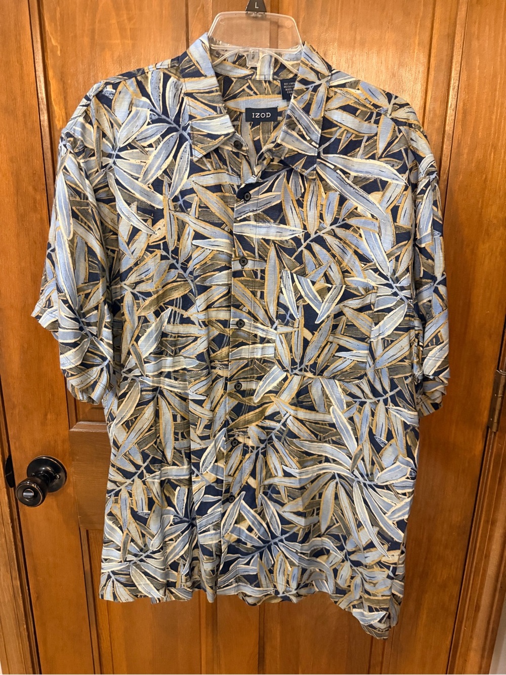 Izod Navy, Tan & Light Blue Leaf Print Short Sleeve Button-Up